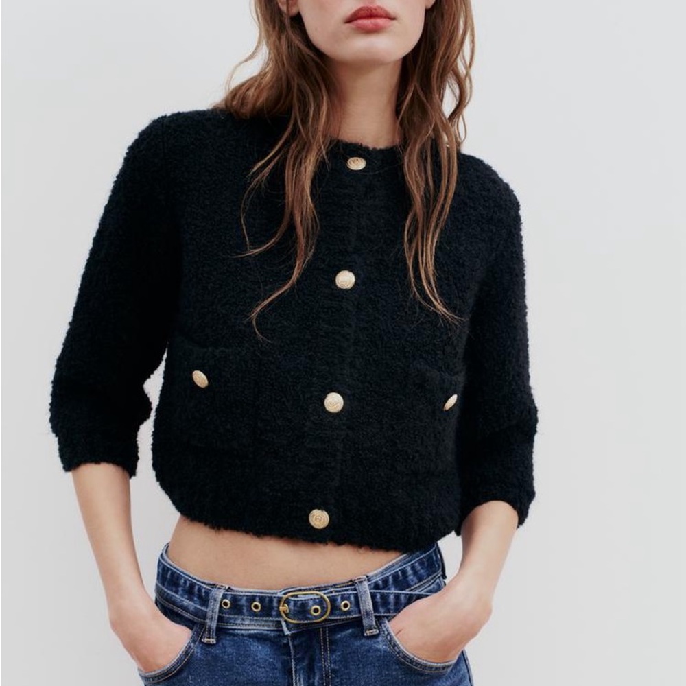 New black fuzzy cardigan sweater with gold buttons